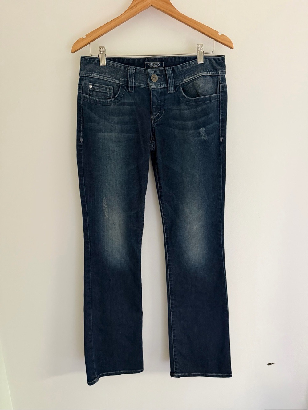 Guess Daredevil Bootcut Jeans Size 29 Dark Wash Embroidered Pocket Stretch Denim